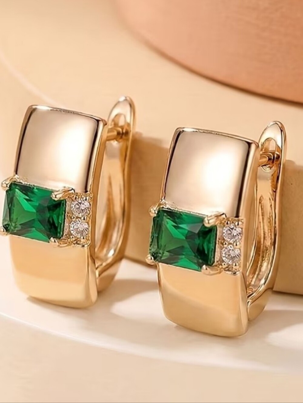 NEW! 14K Gold Plated Green Emerald & Diamond Accent Hoop Earrings